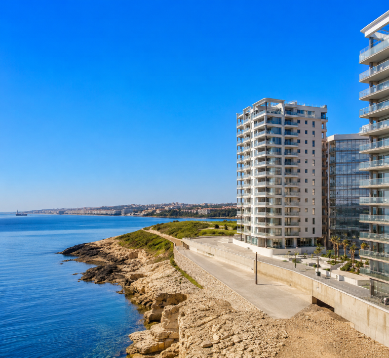 Modern high-rise apartment buildings overlooking a rocky waterfront beneath a clear blue sky.